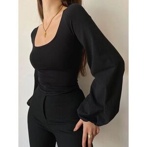 Commense Black Boho Square Neck Long Sleeve Fitted Top Blouse Balloon Sleeve XL‎